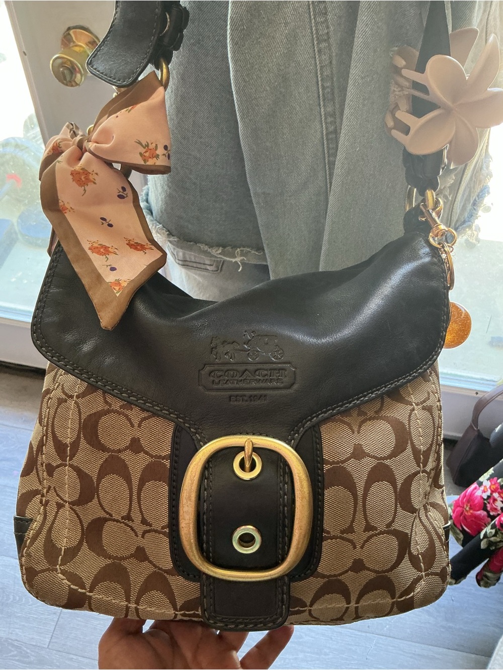 Coach Brown Signature Canvas Shoulder Bag with Dark Brown Leather Trim